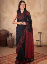 Black Raw Silk Saree With Unstitched Blouse Piece