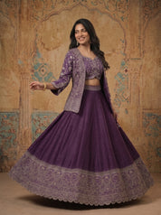 Royal Purple Hand-Embroidered Raw Silk Lehenga Set with Couture Jacket