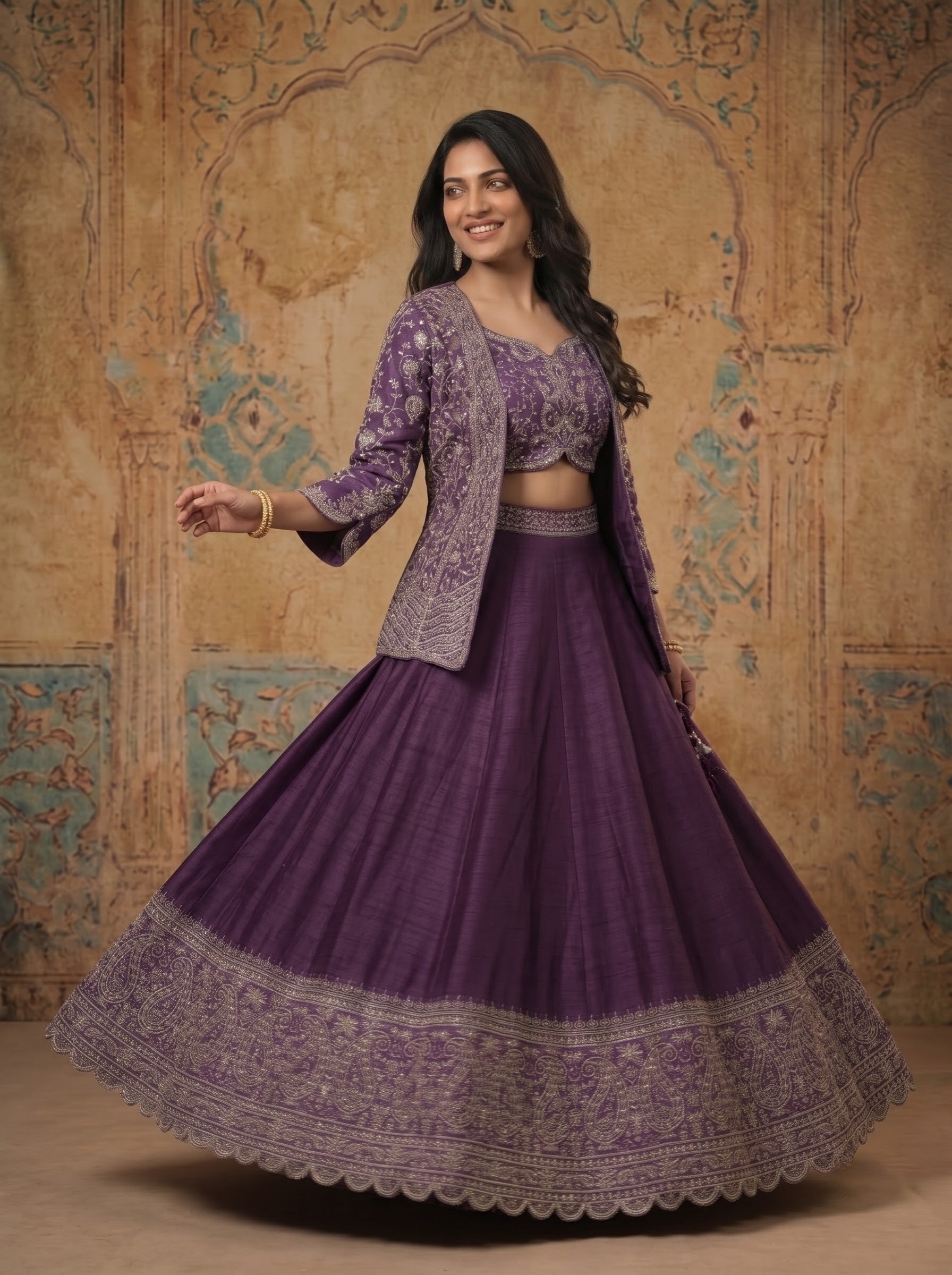 Royal Purple Hand-Embroidered Raw Silk Lehenga Set with Couture Jacket