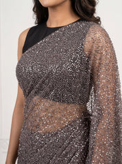 Grey Beaded Net Saree with Soft Crepe Pallu, Sequin Work