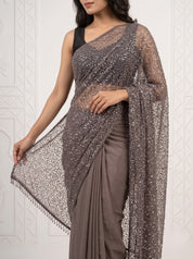 Grey Beaded Net Saree with Soft Crepe Pallu, Sequin Work
