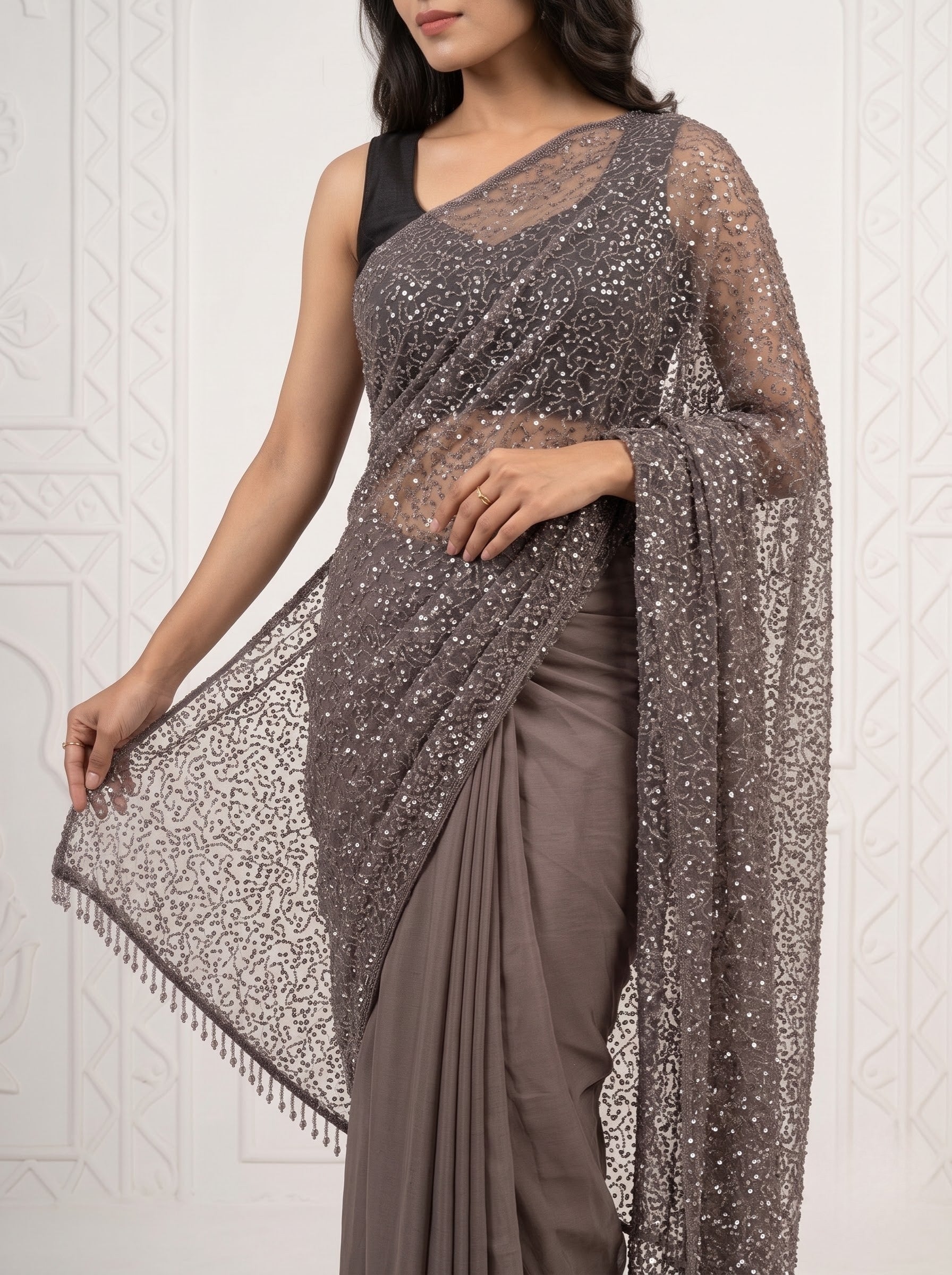 Grey Beaded Net Saree with Soft Crepe Pallu, Sequin Work