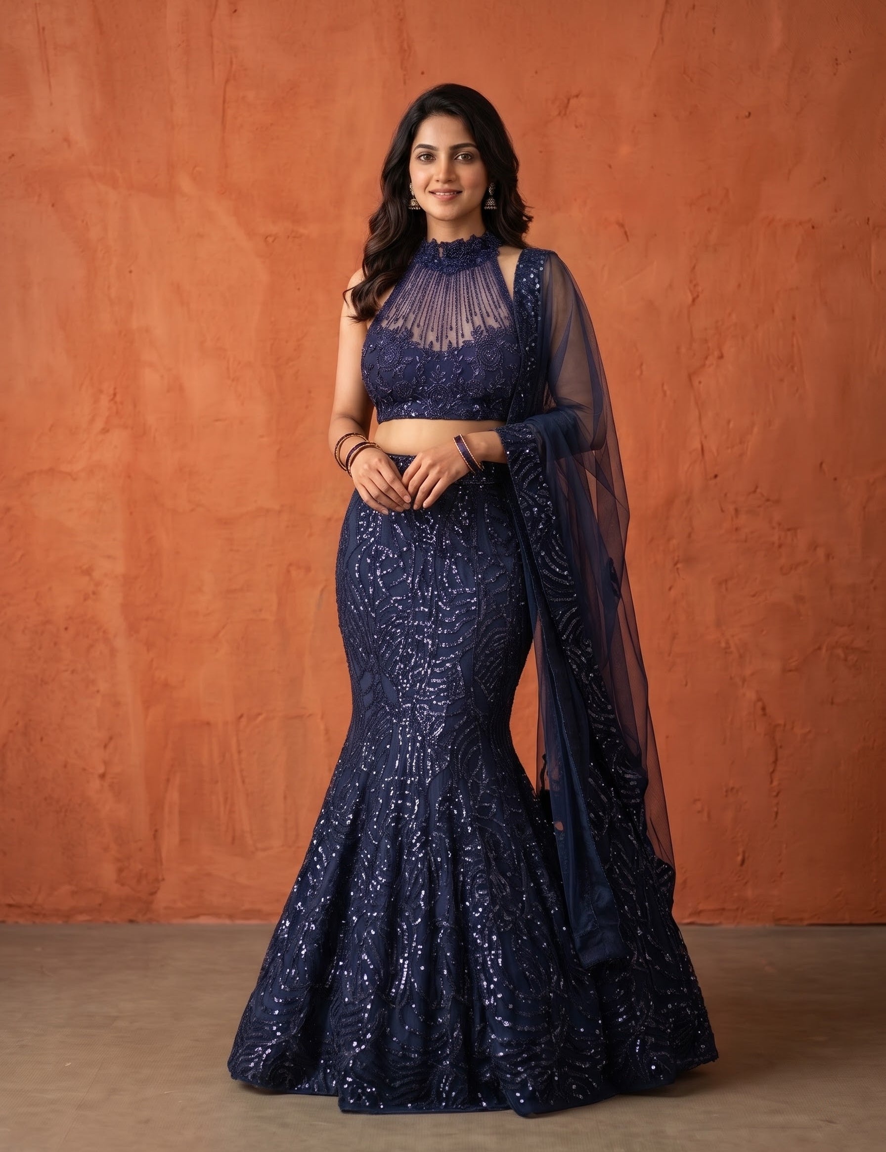 Net Lehenga Set in Navy Blue for Weddings