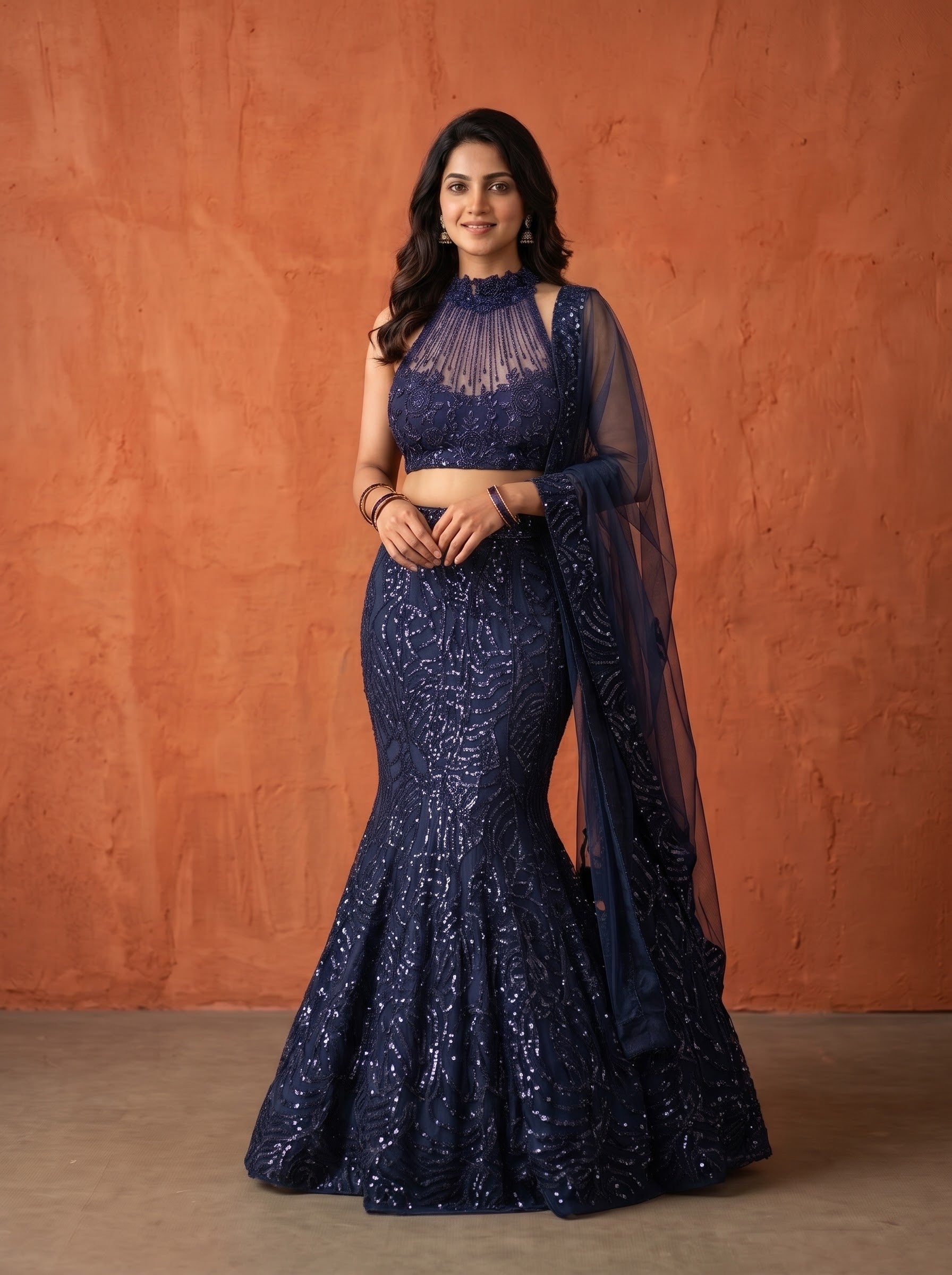 Net Lehenga Set in Navy Blue for Weddings
