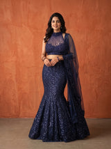 Net Lehenga Set in Navy Blue for Weddings